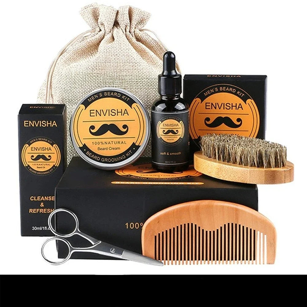 Mens Beard Care Kit 6 Piece with Oil Cream Comb Brush Sack Scissors