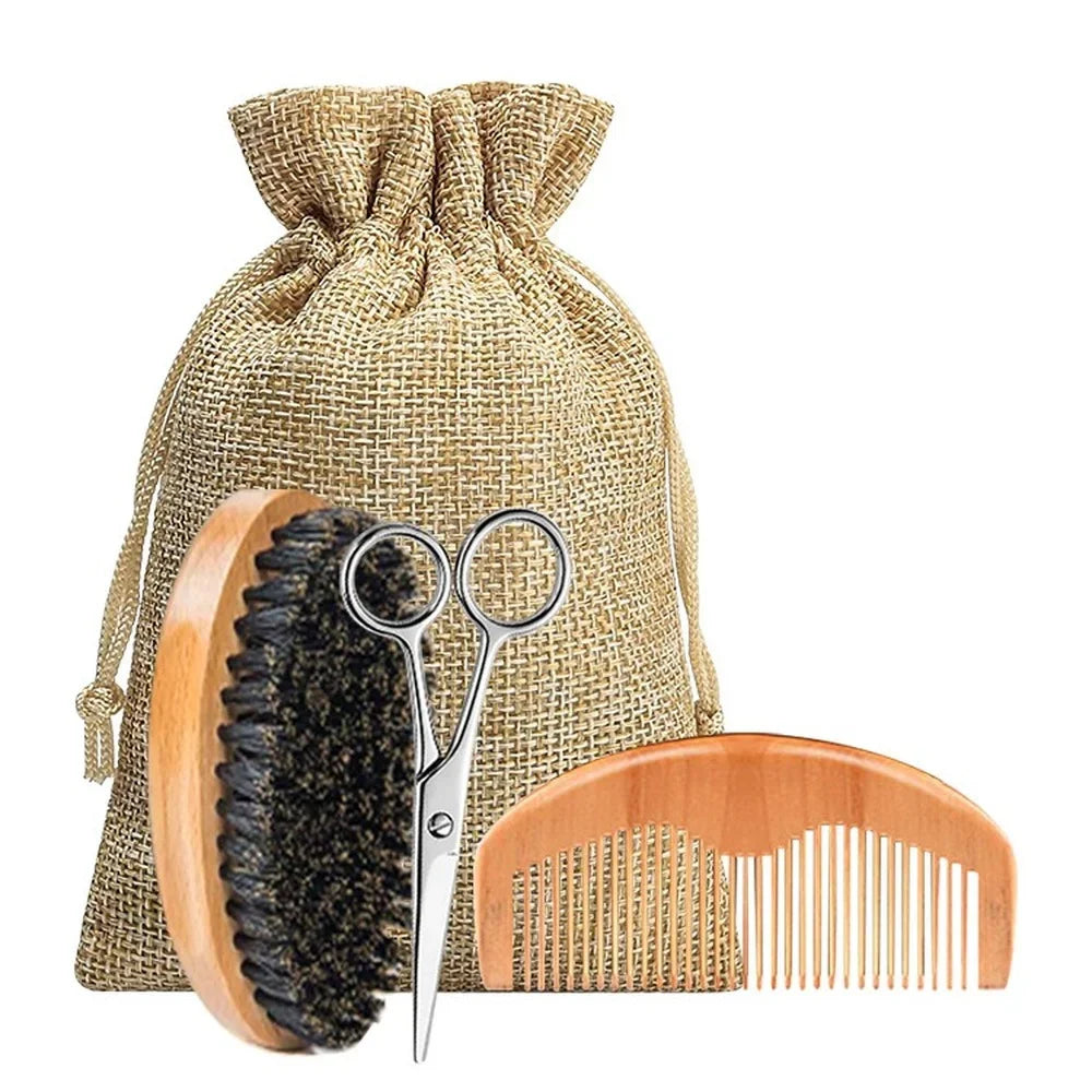 Mens Beard Care Kit 6 Piece with Oil Cream Comb Brush Sack Scissors